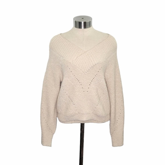 Express Women's Cozy Textured V-Neck Sweater Size XS Beige/Blush & Metallic - Picture 1 of 10
